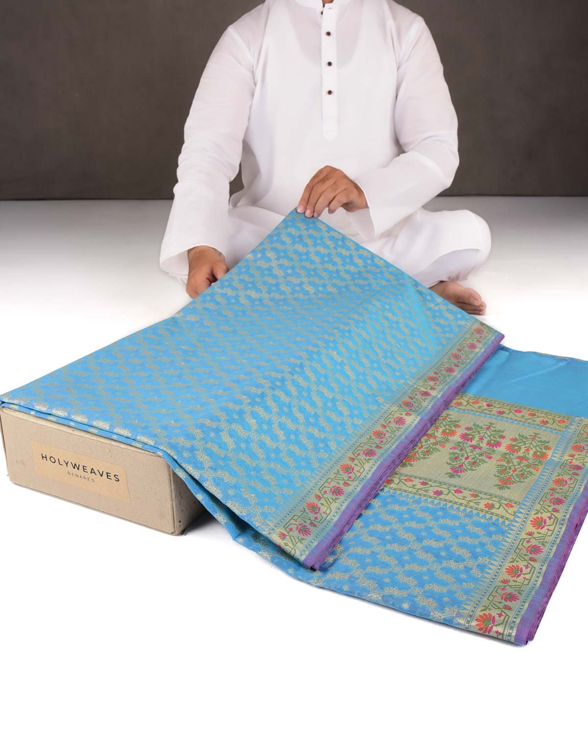 Blue Gold Zari Jaal Cutwork Brocade Woven Art Cotton Silk Banarasi Saree with Meenekari Border Pallu