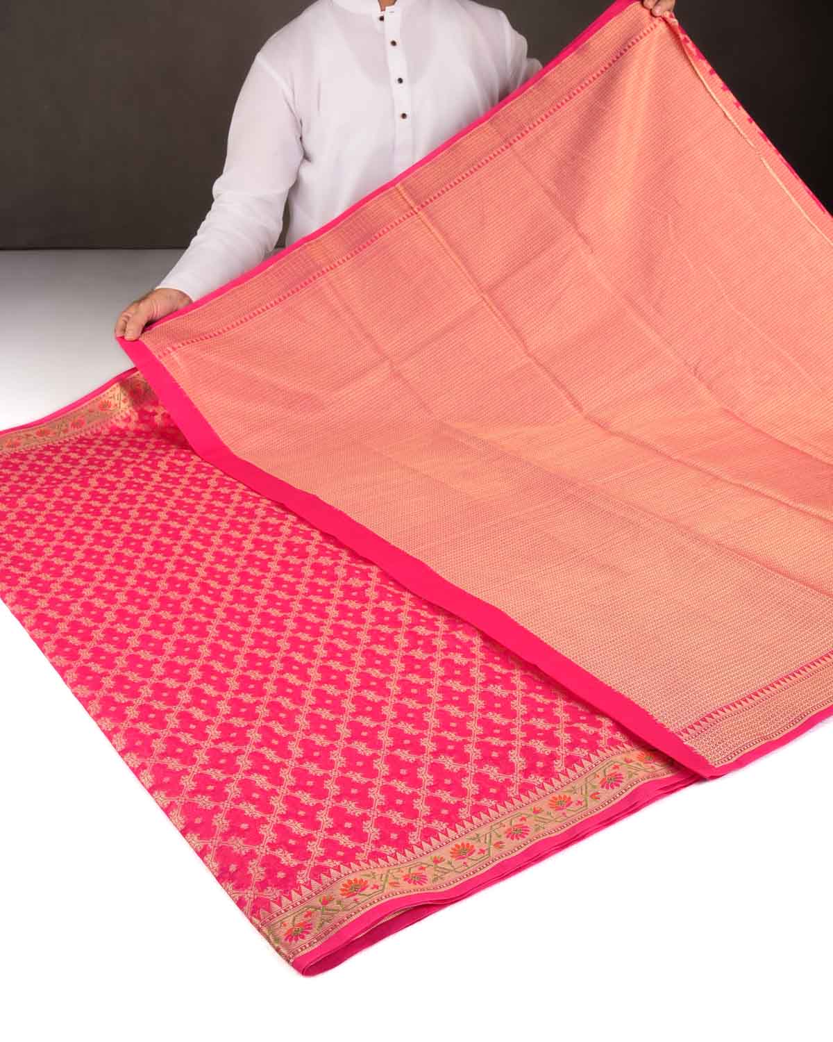 Pink Gold Zari Jaal Cutwork Brocade Woven Art Cotton Silk Banarasi Saree with Meenekari Border Pallu