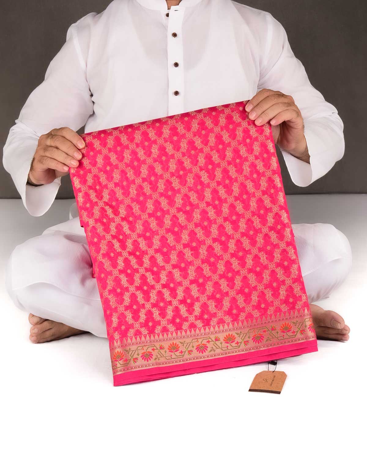 Pink Gold Zari Jaal Cutwork Brocade Woven Art Cotton Silk Banarasi Saree with Meenekari Border Pallu