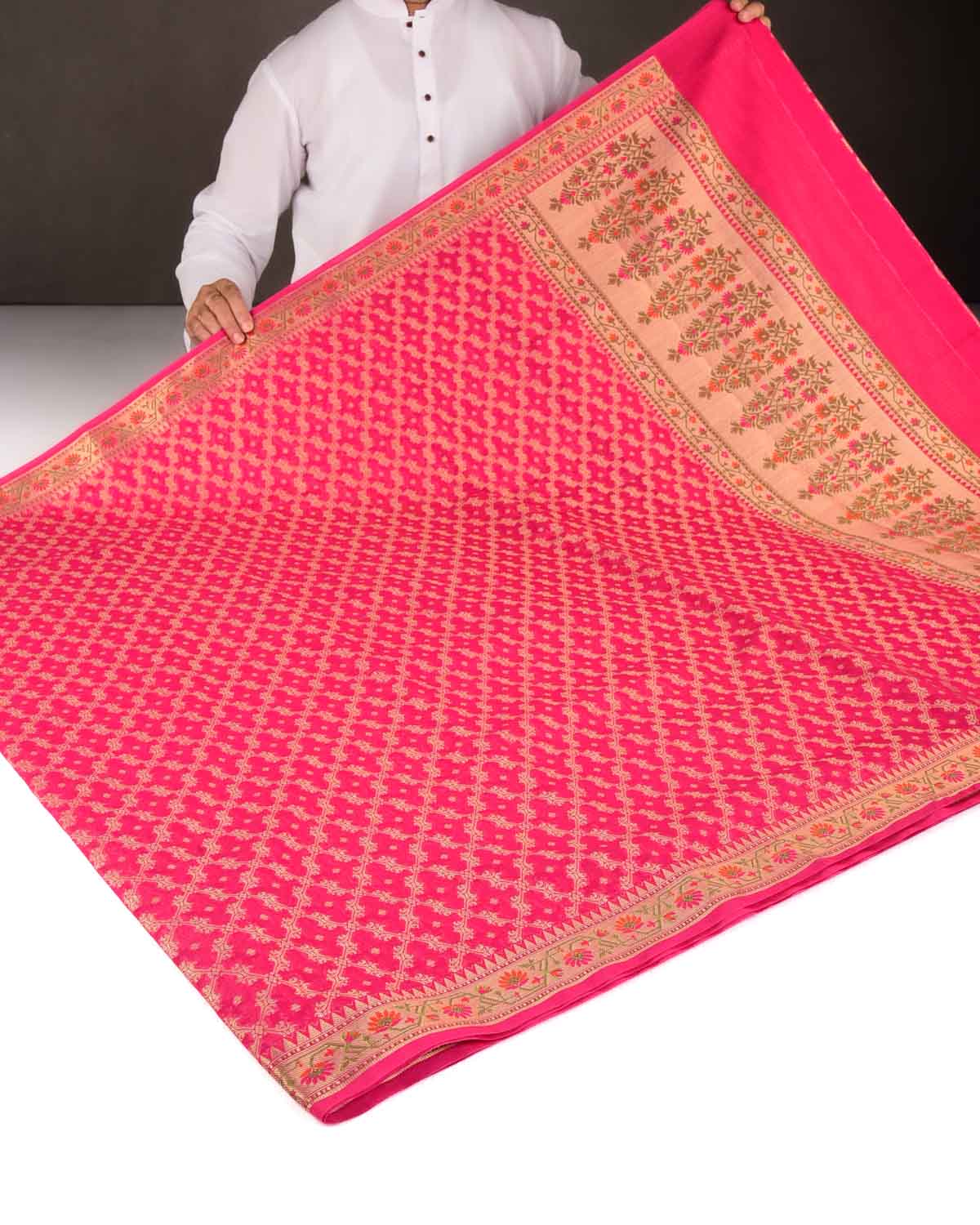 Pink Gold Zari Jaal Cutwork Brocade Woven Art Cotton Silk Banarasi Saree with Meenekari Border Pallu