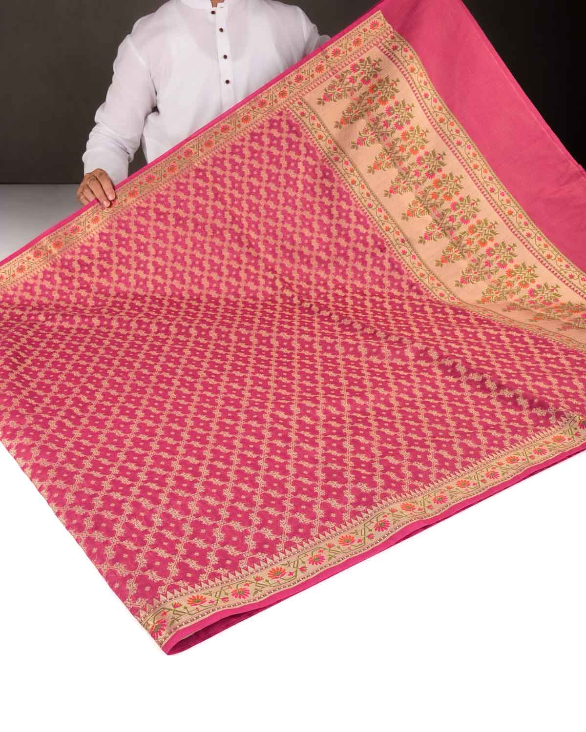 Garnet Gold Zari Jaal Cutwork Brocade Woven Art Cotton Silk Banarasi Saree with Meenekari Border Pallu