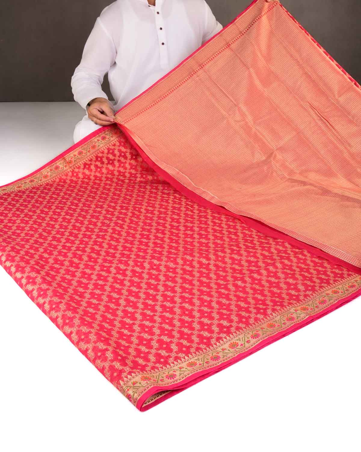 Red Gold Zari Jaal Cutwork Brocade Woven Art Cotton Silk Banarasi Saree with Meenekari Border Pallu-HolyWeaves