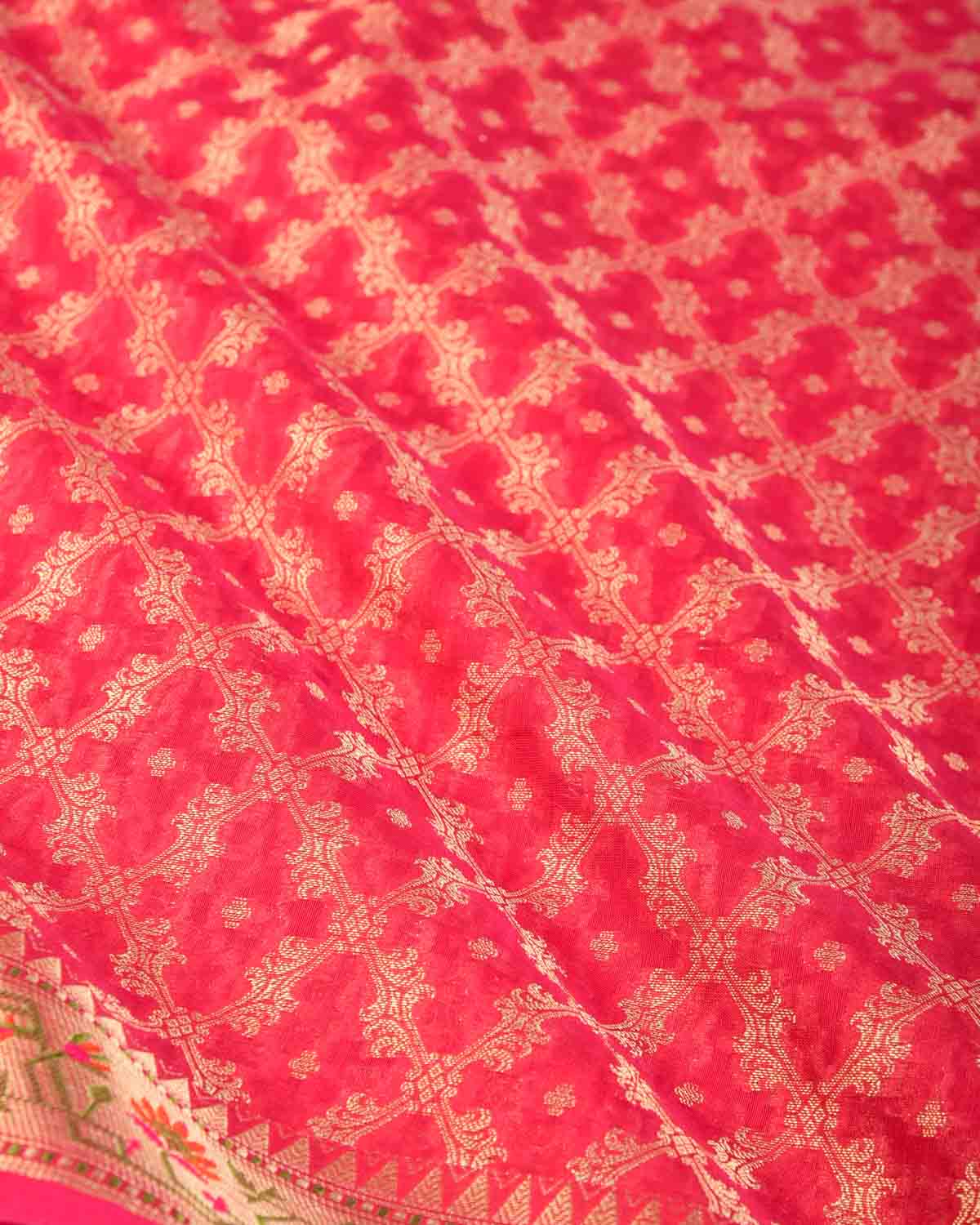 Red Gold Zari Jaal Cutwork Brocade Woven Art Cotton Silk Banarasi Saree with Meenekari Border Pallu-HolyWeaves