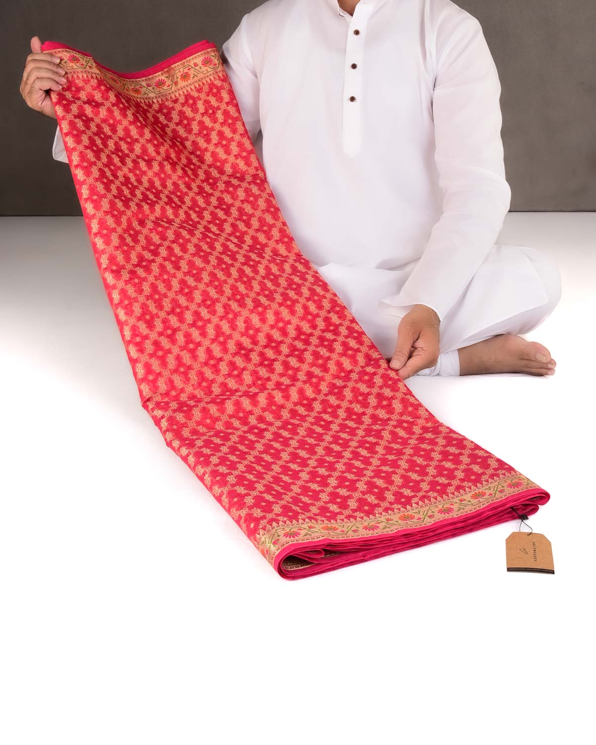 Red Gold Zari Jaal Cutwork Brocade Woven Art Cotton Silk Banarasi Saree with Meenekari Border Pallu-HolyWeaves