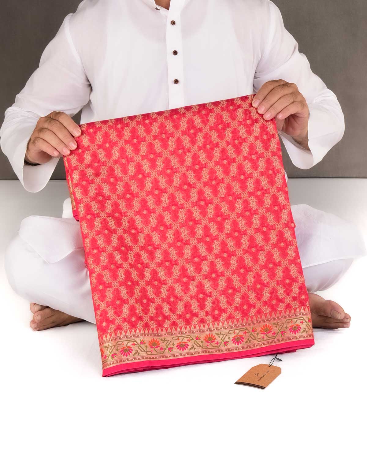 Red Gold Zari Jaal Cutwork Brocade Woven Art Cotton Silk Banarasi Saree with Meenekari Border Pallu-HolyWeaves