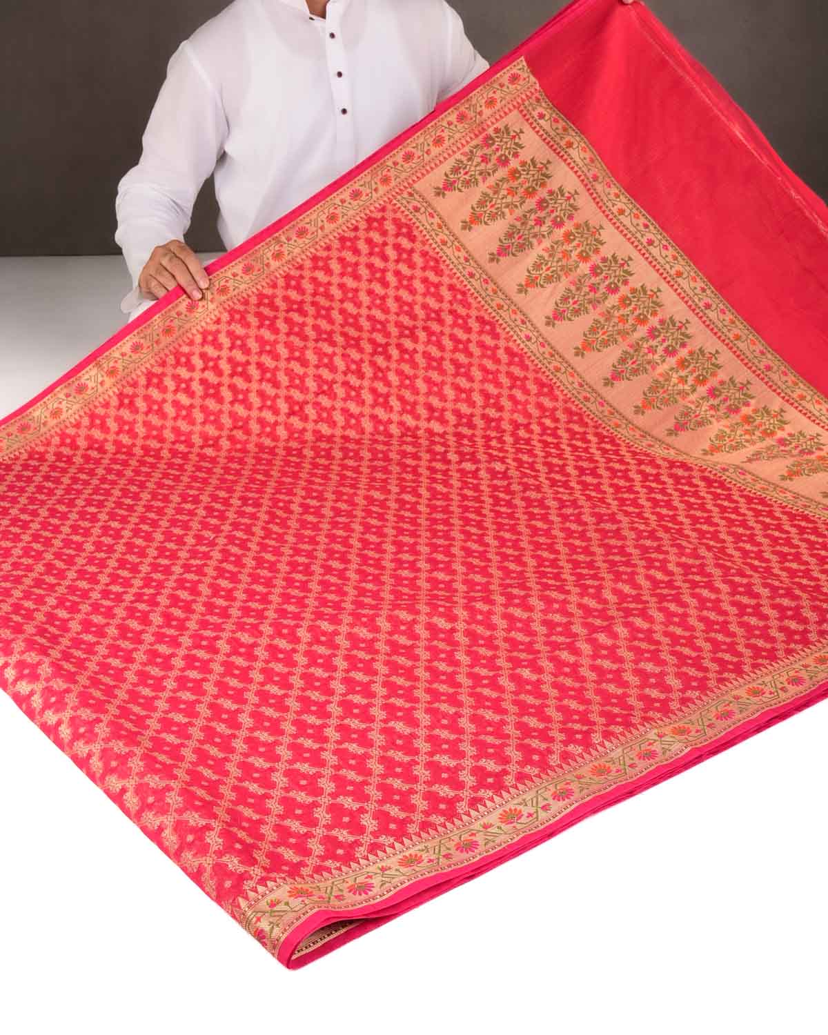 Red Gold Zari Jaal Cutwork Brocade Woven Art Cotton Silk Banarasi Saree with Meenekari Border Pallu-HolyWeaves