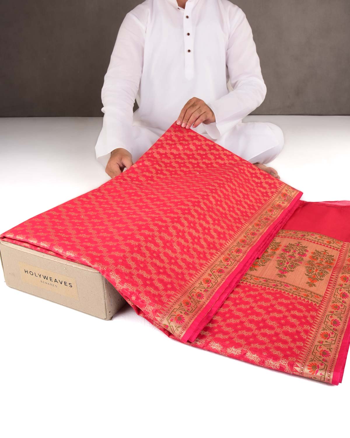 Red Gold Zari Jaal Cutwork Brocade Woven Art Cotton Silk Banarasi Saree with Meenekari Border Pallu-HolyWeaves