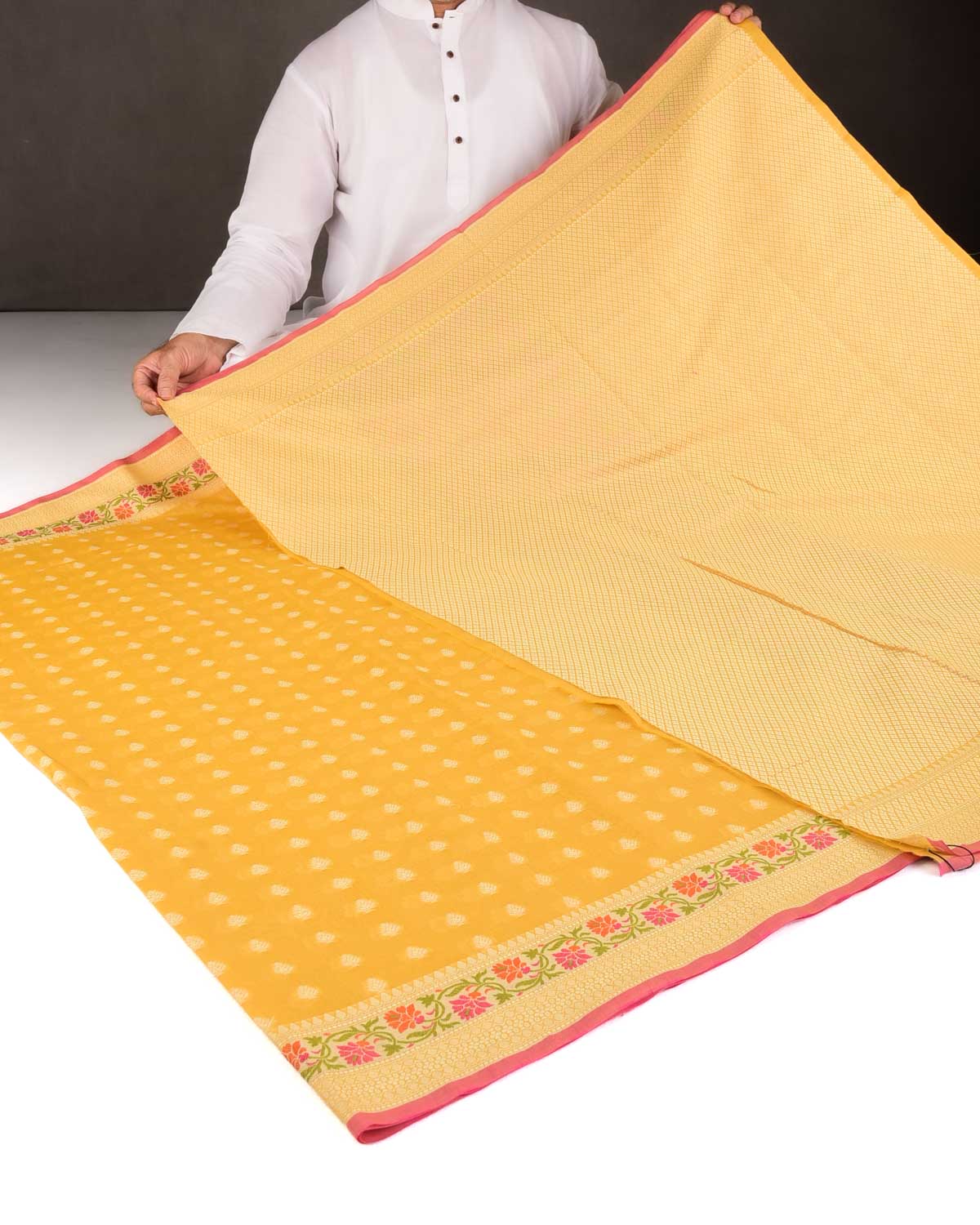 Yellow Resham Buti Cutwork Brocade Woven Art Cotton Silk Banarasi Saree with Meenekari Border Pallu-HolyWeaves