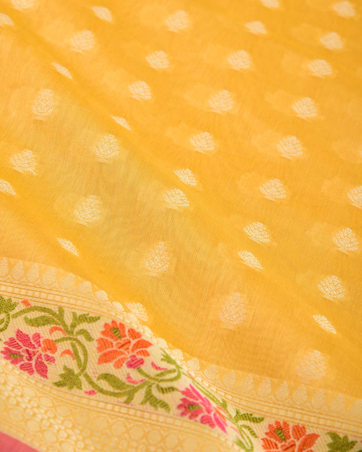Yellow Resham Buti Cutwork Brocade Woven Art Cotton Silk Banarasi Saree with Meenekari Border Pallu-HolyWeaves