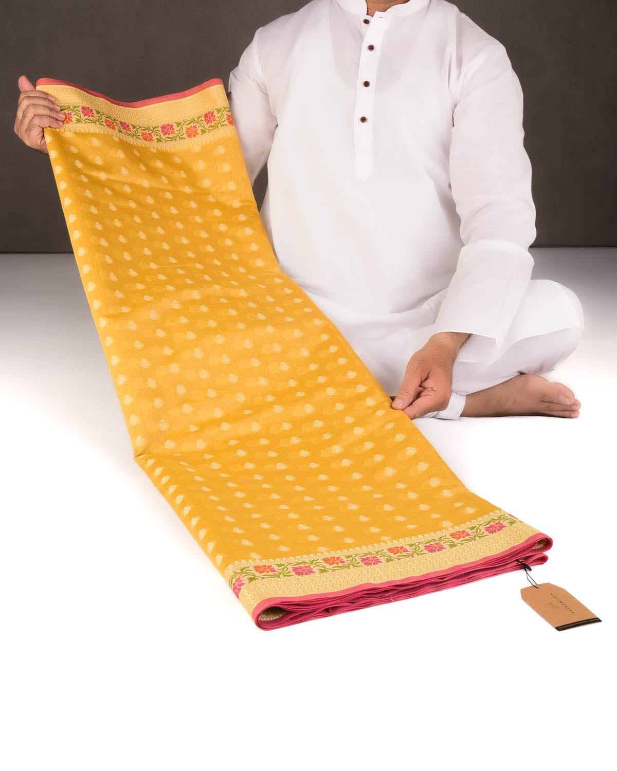 Yellow Resham Buti Cutwork Brocade Woven Art Cotton Silk Banarasi Saree with Meenekari Border Pallu-HolyWeaves