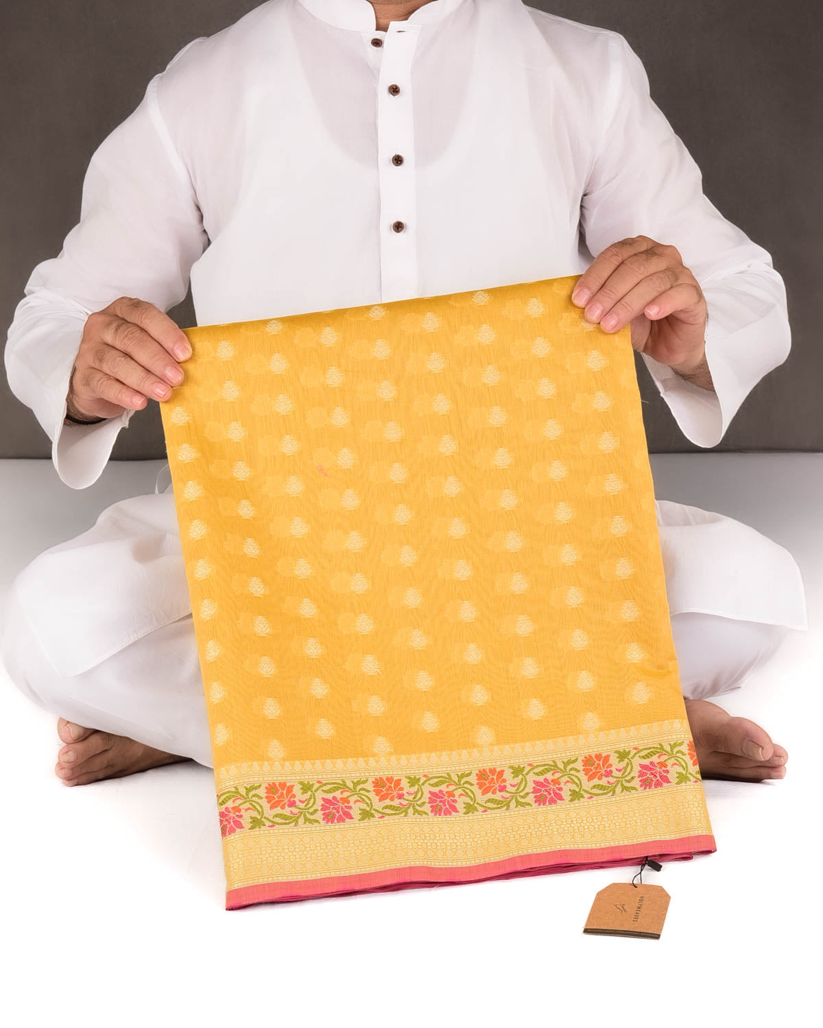 Yellow Resham Buti Cutwork Brocade Woven Art Cotton Silk Banarasi Saree with Meenekari Border Pallu-HolyWeaves