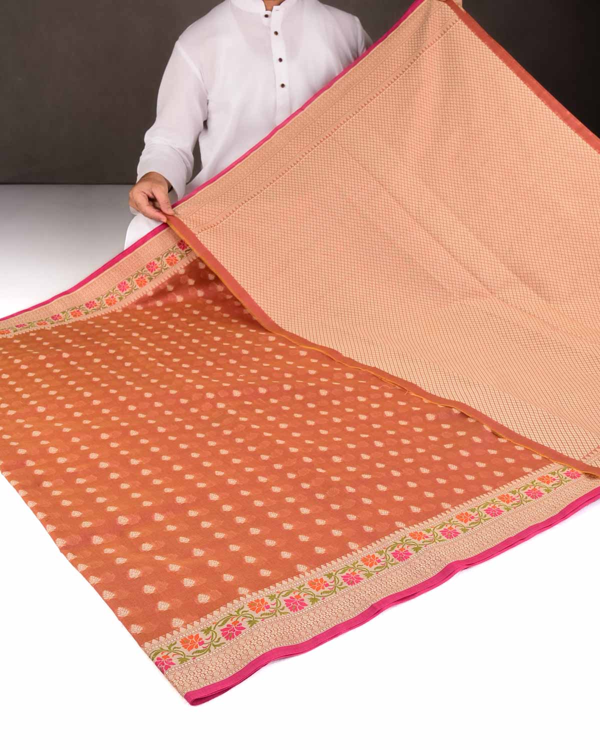 Reddish Brown Resham Buti Cutwork Brocade Woven Art Cotton Silk Banarasi Saree with Meenekari Border Pallu-HolyWeaves