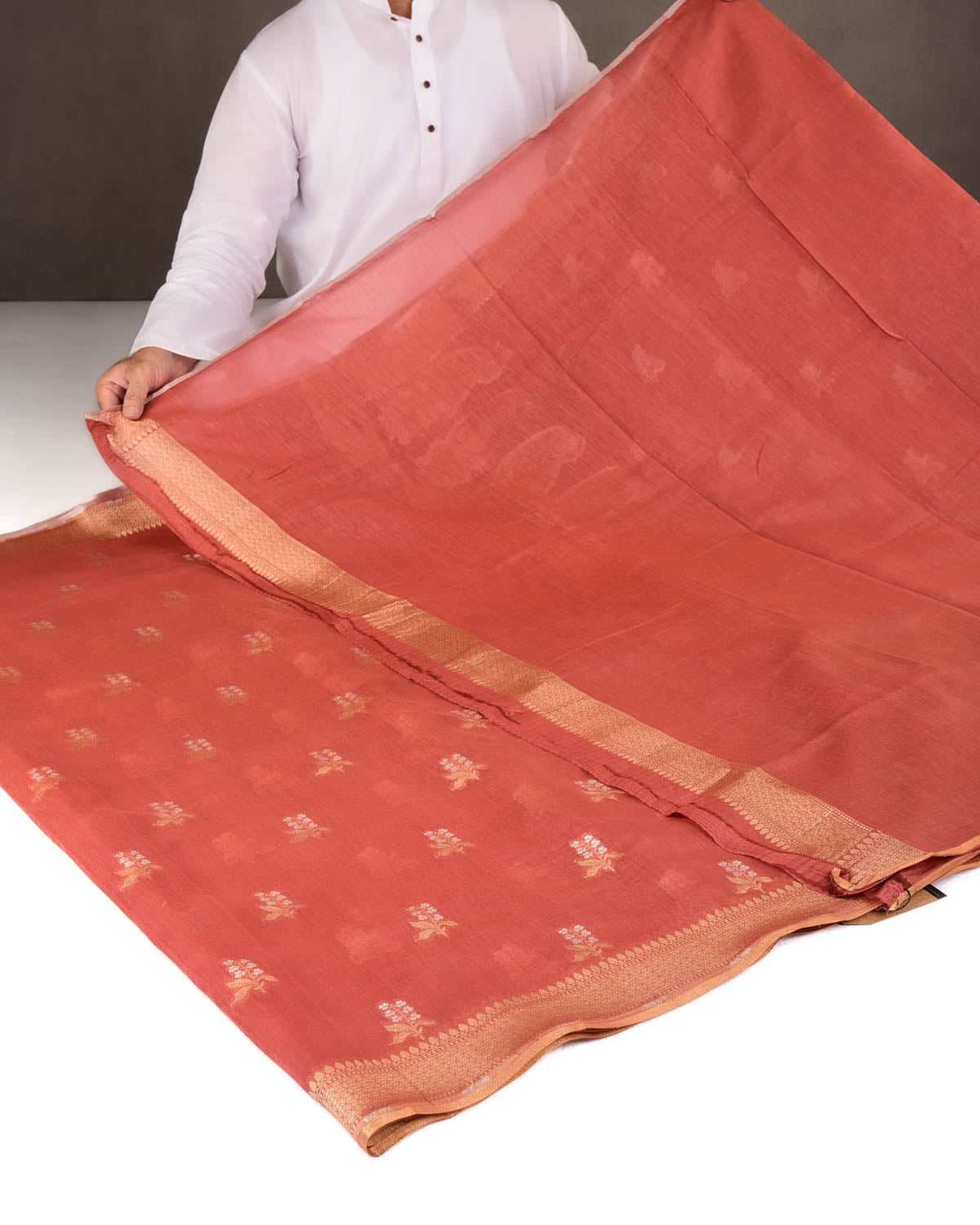 Rust Gold & Silver Zari Buti Cutwork Brocade Woven Cotton Silk Banarasi Saree-HolyWeaves