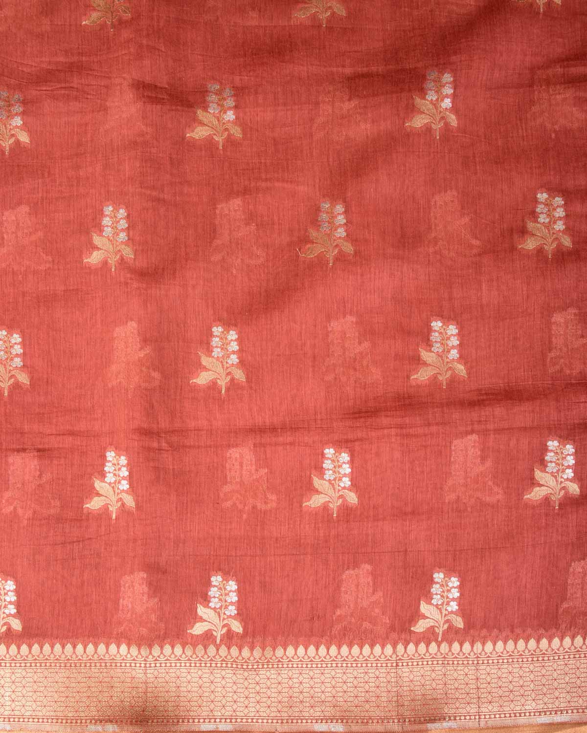 Rust Gold & Silver Zari Buti Cutwork Brocade Woven Cotton Silk Banarasi Saree-HolyWeaves