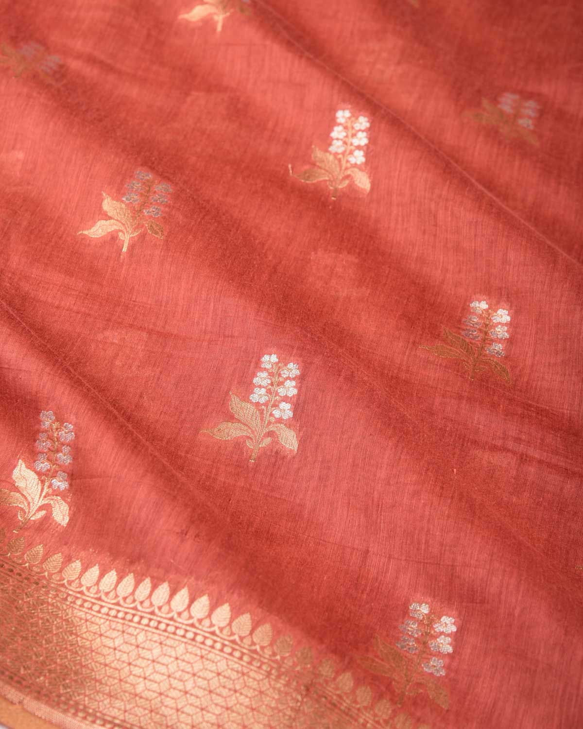 Rust Gold & Silver Zari Buti Cutwork Brocade Woven Cotton Silk Banarasi Saree-HolyWeaves