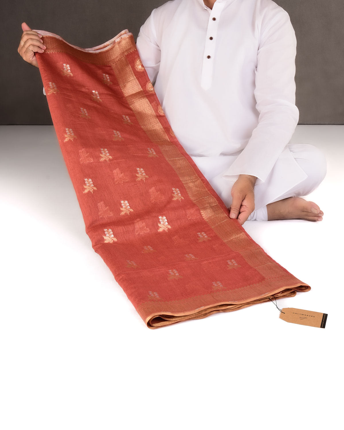 Rust Gold & Silver Zari Buti Cutwork Brocade Woven Cotton Silk Banarasi Saree-HolyWeaves