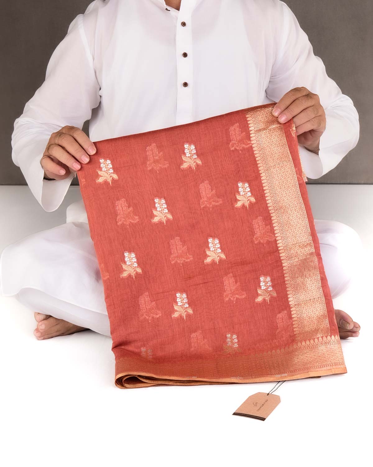 Rust Gold & Silver Zari Buti Cutwork Brocade Woven Cotton Silk Banarasi Saree-HolyWeaves