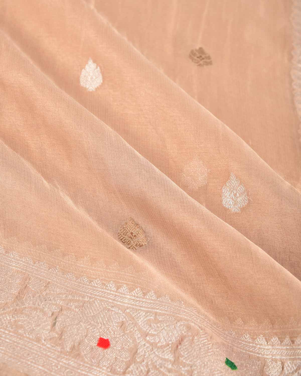 Metallic Beige Gold & Silver Zari Buti Kadhuan Brocade Handwoven Tissue Georgette Banarasi Saree with Meenekari Border Pallu