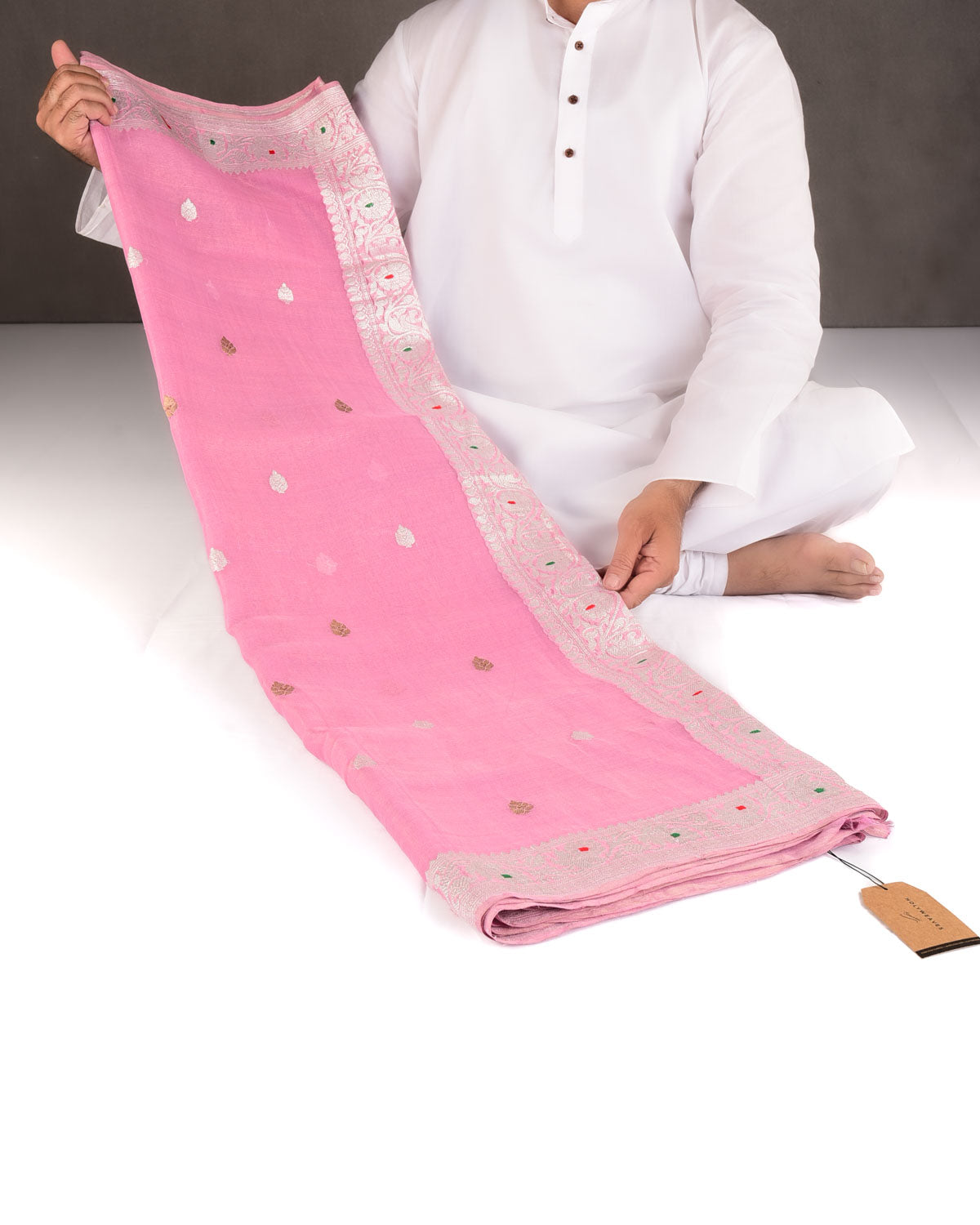Metallic Pink Gold & Silver Zari Buti Kadhuan Brocade Handwoven Tissue Georgette Banarasi Saree with Meenekari Border Pallu