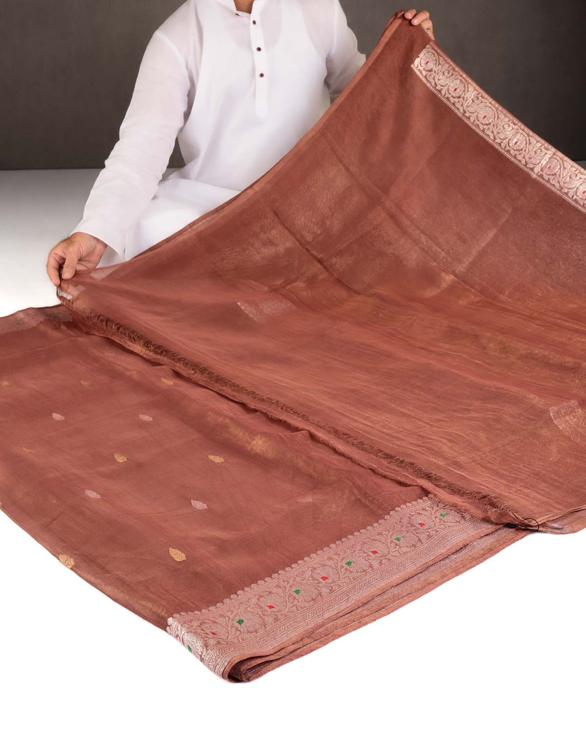 Metallic Brown Gold & Silver Zari Buti Kadhuan Brocade Handwoven Tissue Georgette Banarasi Saree with Meenekari Border Pallu