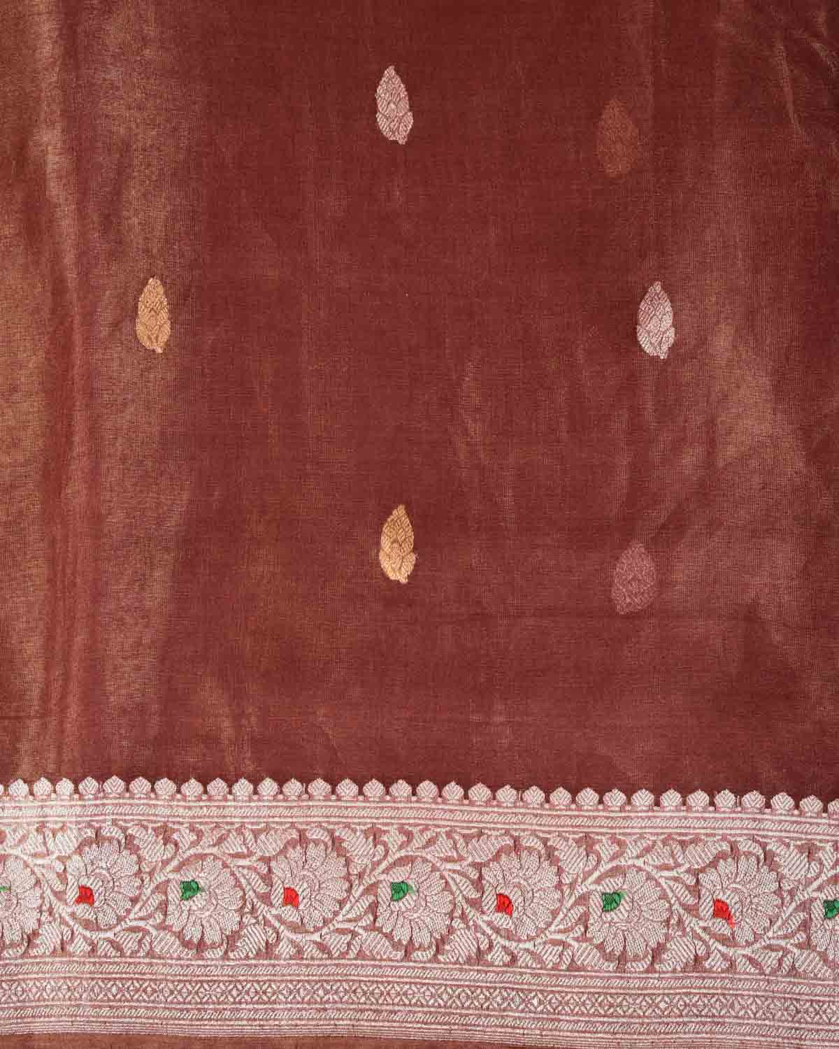Metallic Brown Gold & Silver Zari Buti Kadhuan Brocade Handwoven Tissue Georgette Banarasi Saree with Meenekari Border Pallu