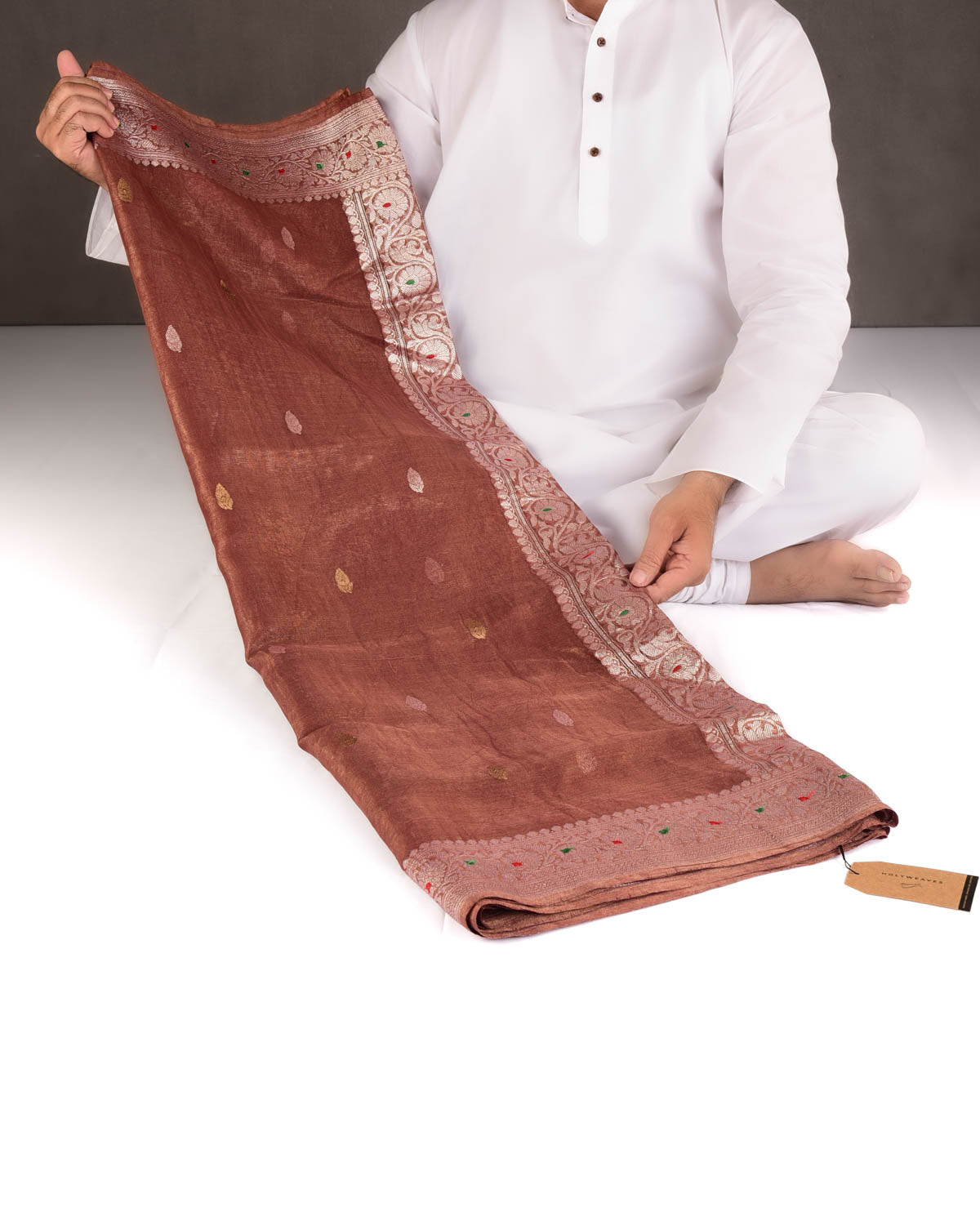 Metallic Brown Gold & Silver Zari Buti Kadhuan Brocade Handwoven Tissue Georgette Banarasi Saree with Meenekari Border Pallu