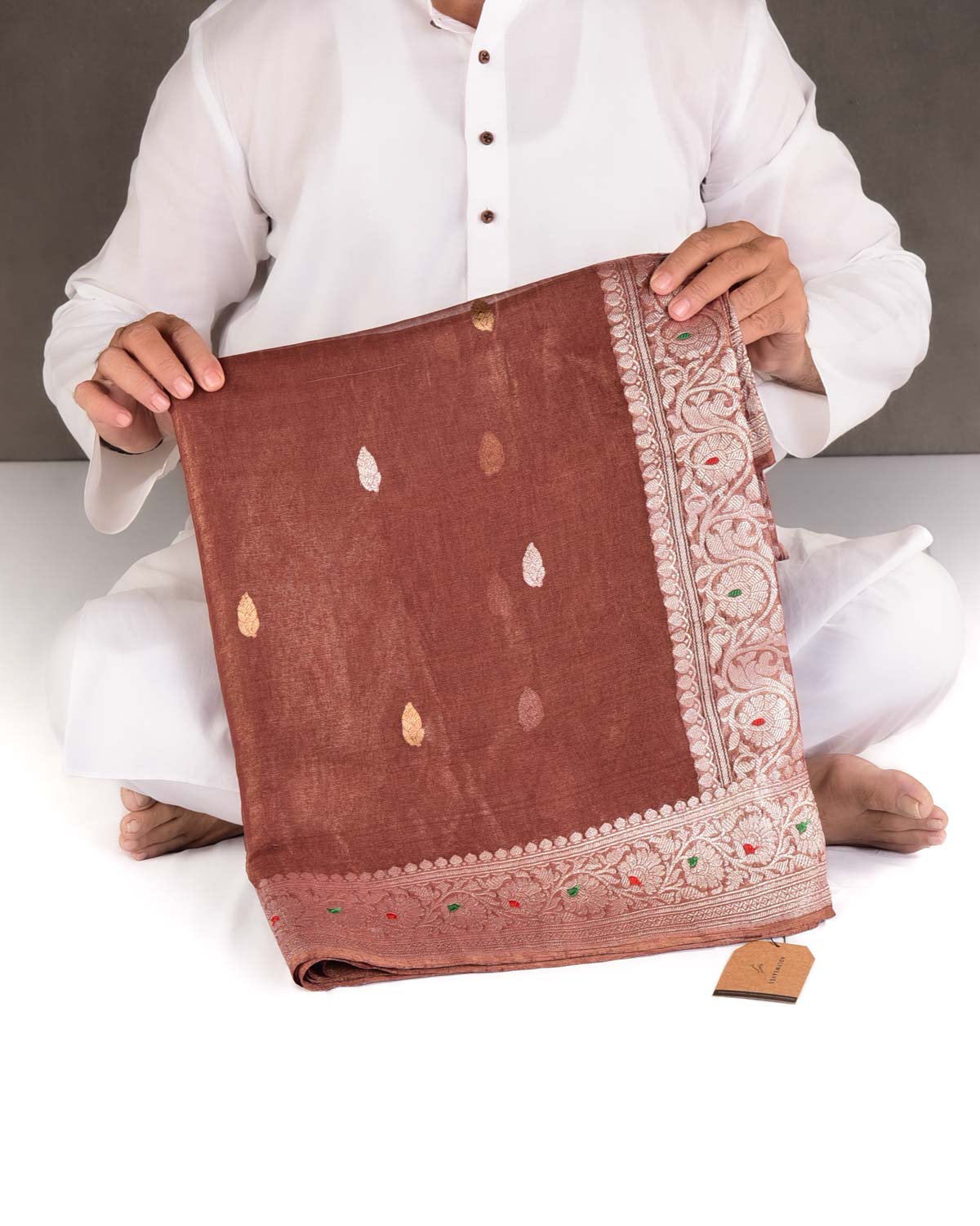 Metallic Brown Gold & Silver Zari Buti Kadhuan Brocade Handwoven Tissue Georgette Banarasi Saree with Meenekari Border Pallu