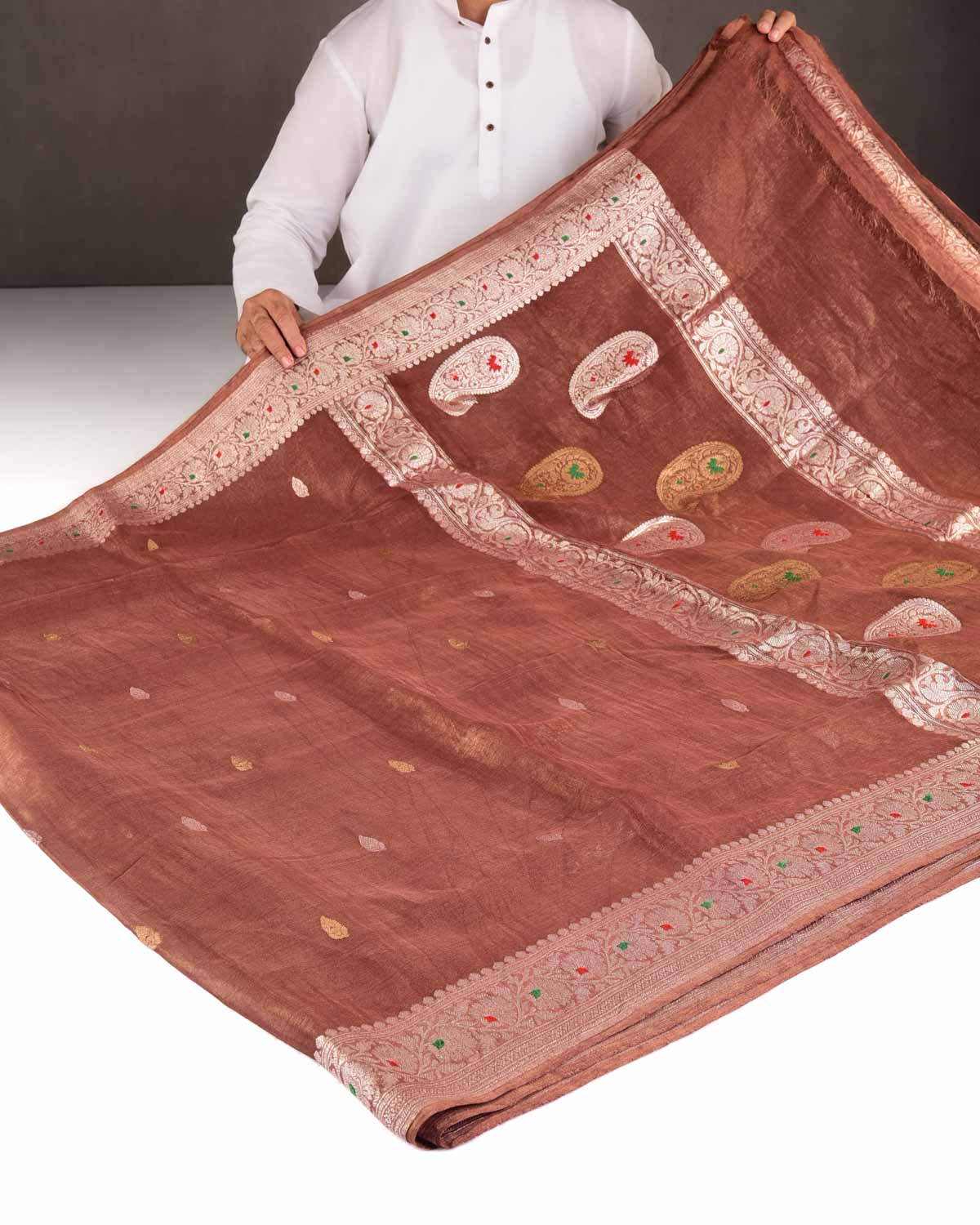Metallic Brown Gold & Silver Zari Buti Kadhuan Brocade Handwoven Tissue Georgette Banarasi Saree with Meenekari Border Pallu