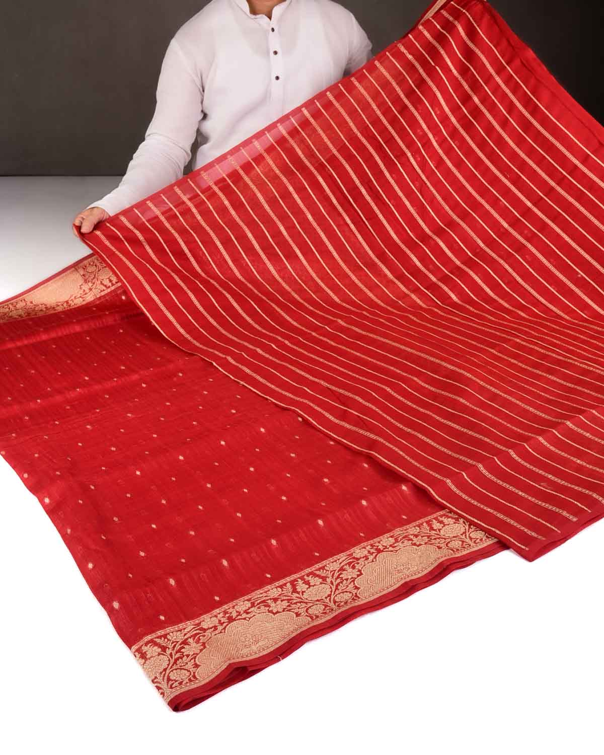 Variegated Red Gold Zari Diamond Buti Cutwork Brocade Woven Cotton Silk Banarasi Saree-HolyWeaves