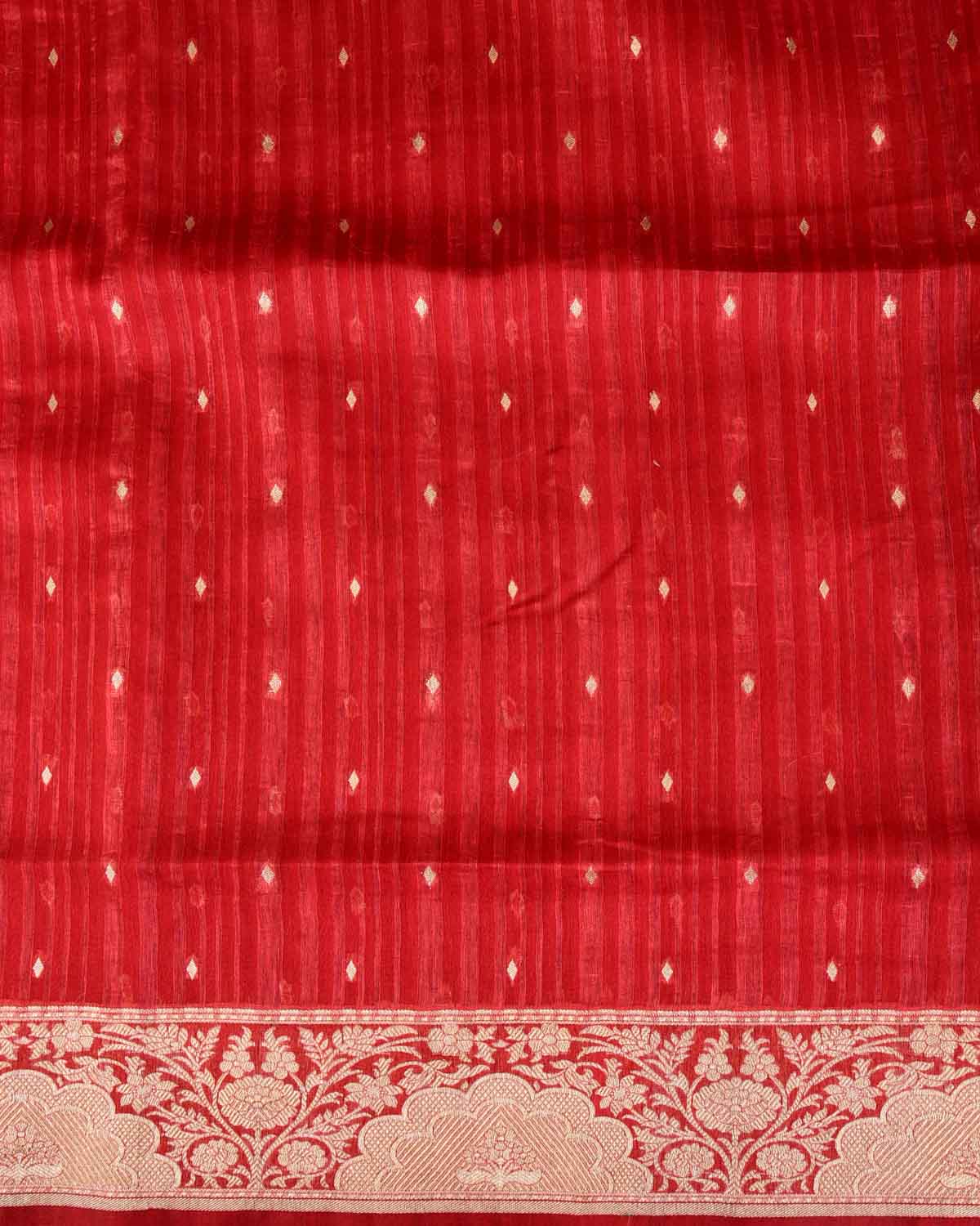 Variegated Red Gold Zari Diamond Buti Cutwork Brocade Woven Cotton Silk Banarasi Saree-HolyWeaves