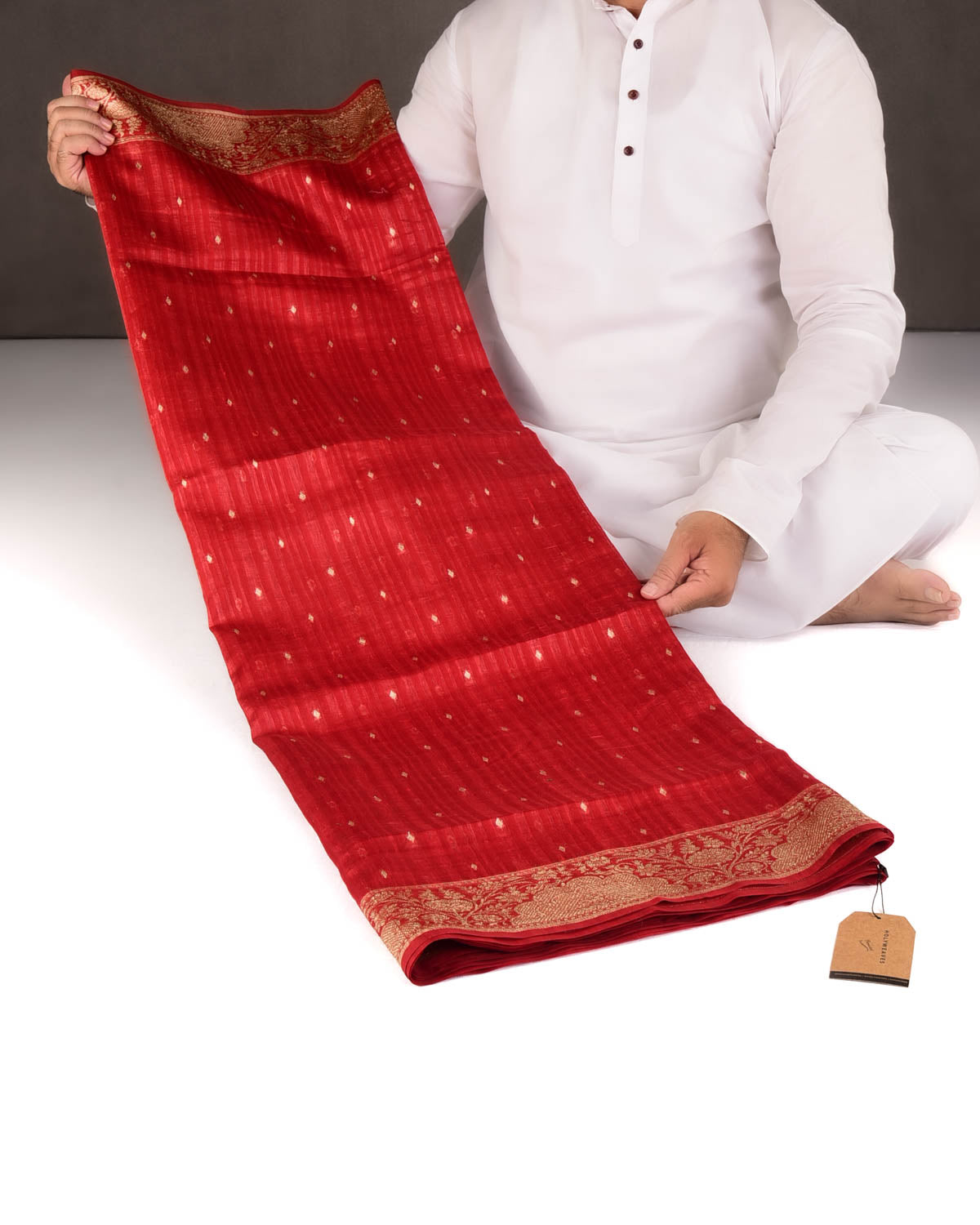 Variegated Red Gold Zari Diamond Buti Cutwork Brocade Woven Cotton Silk Banarasi Saree-HolyWeaves