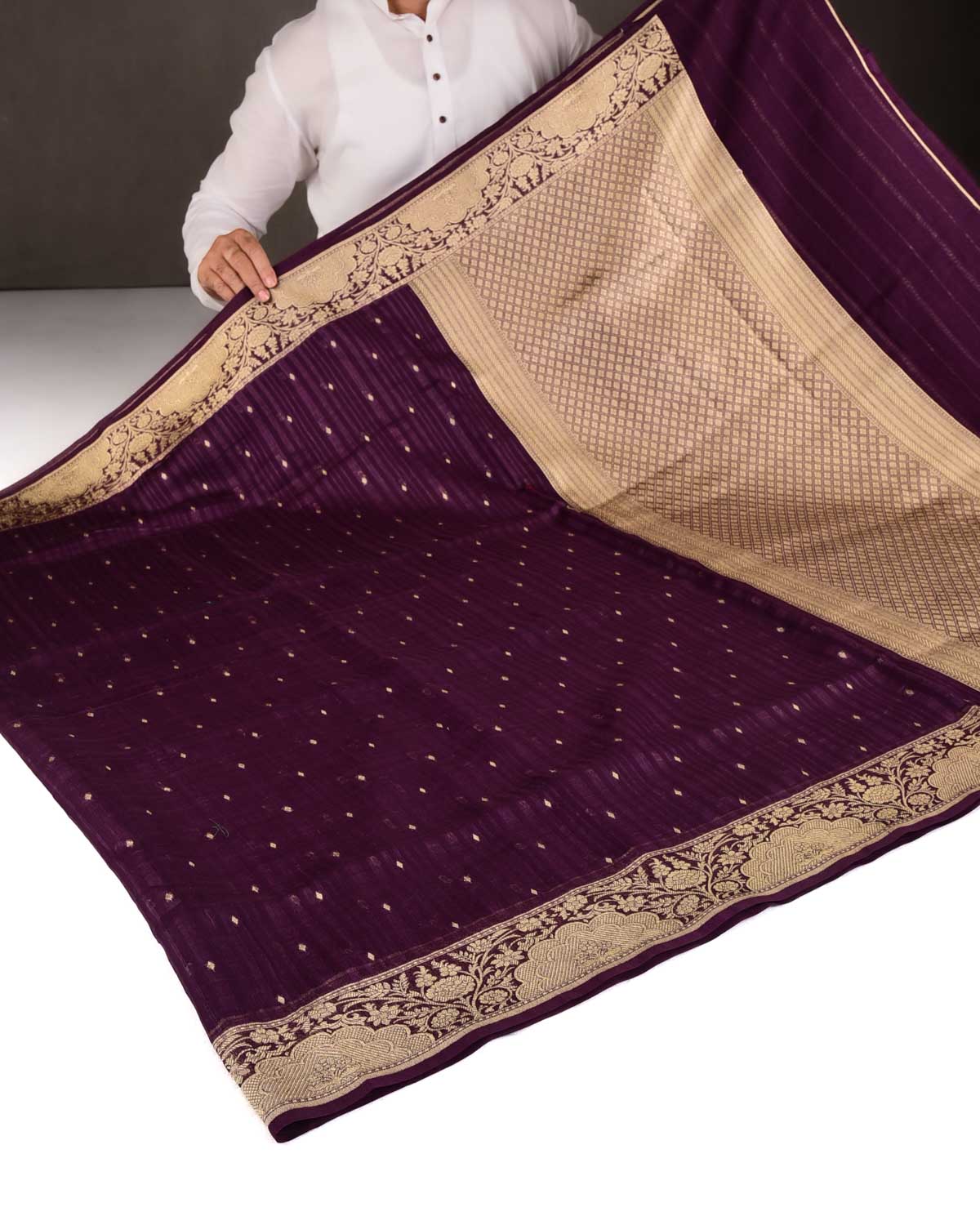 Variegated Purple Gold Zari Diamond Buti Cutwork Brocade Woven Cotton Silk Banarasi Saree