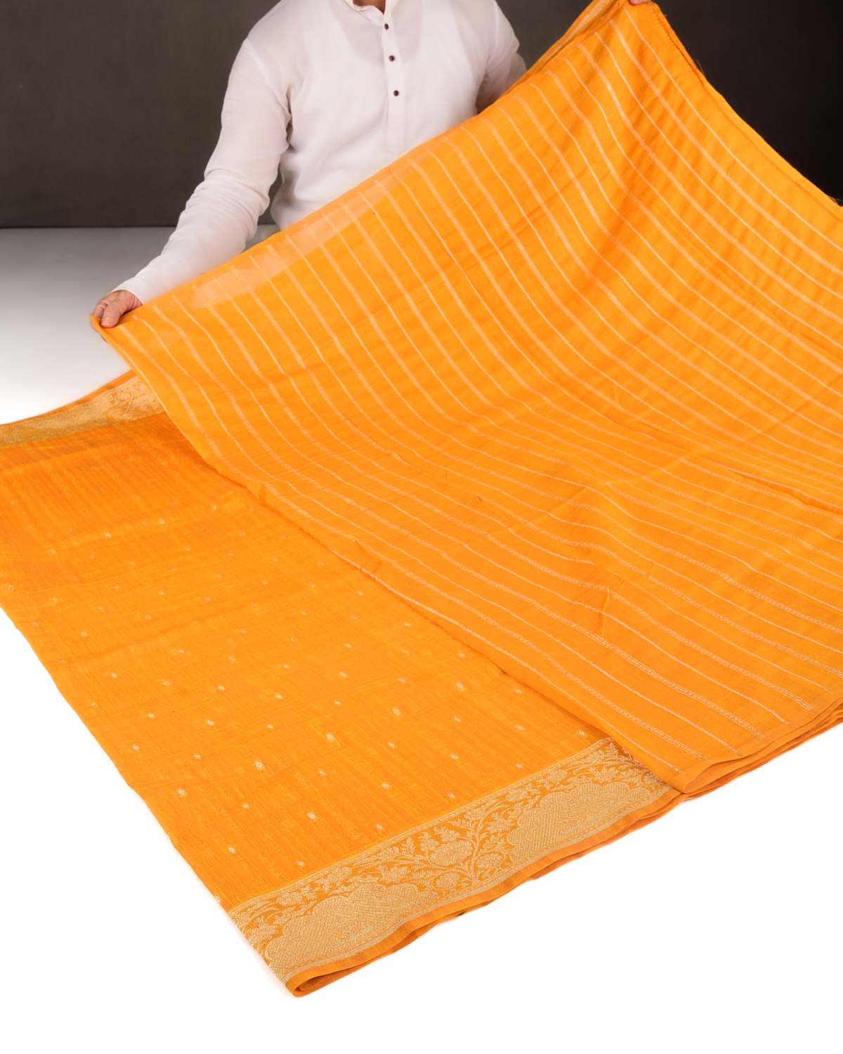 Variegated Orange Gold Zari Diamond Buti Cutwork Brocade Woven Cotton Silk Banarasi Saree-HolyWeaves