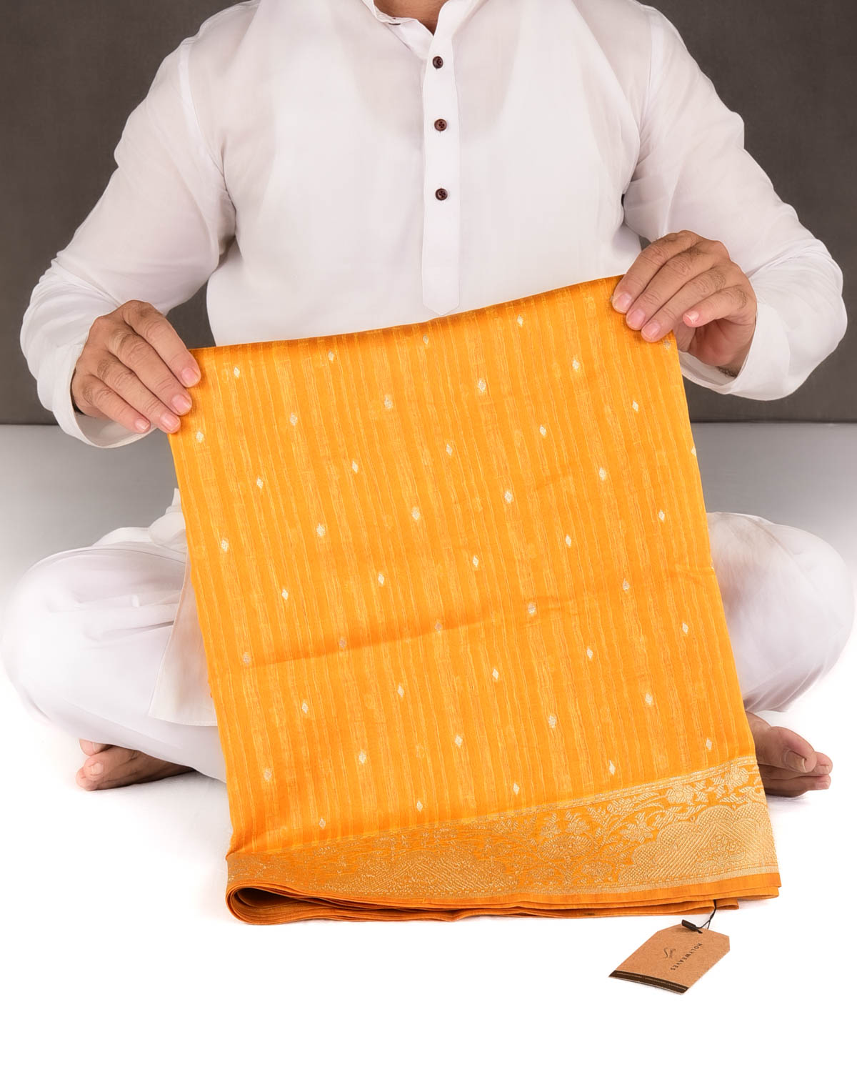 Variegated Orange Gold Zari Diamond Buti Cutwork Brocade Woven Cotton Silk Banarasi Saree-HolyWeaves