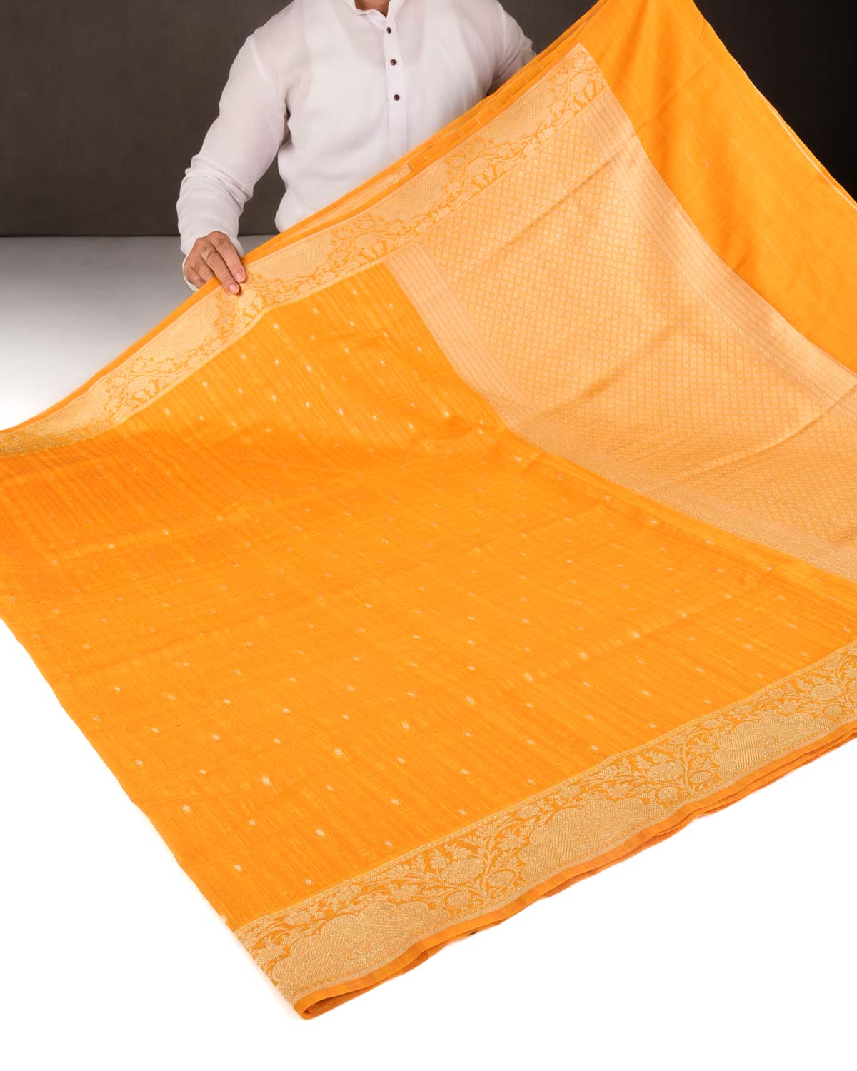Variegated Orange Gold Zari Diamond Buti Cutwork Brocade Woven Cotton Silk Banarasi Saree-HolyWeaves