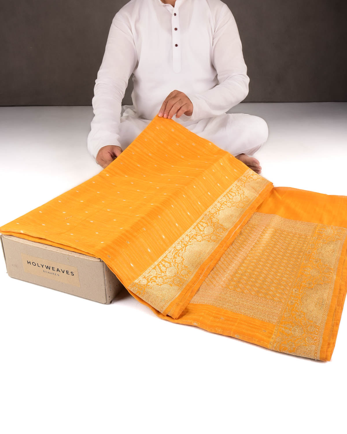 Variegated Orange Gold Zari Diamond Buti Cutwork Brocade Woven Cotton Silk Banarasi Saree-HolyWeaves