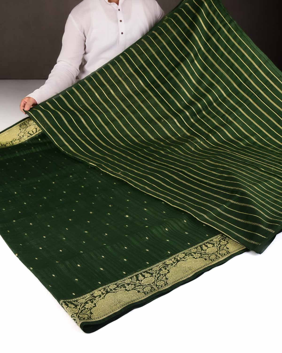 Variegated Green Gold Zari Diamond Buti Cutwork Brocade Woven Cotton Silk Banarasi Saree-HolyWeaves