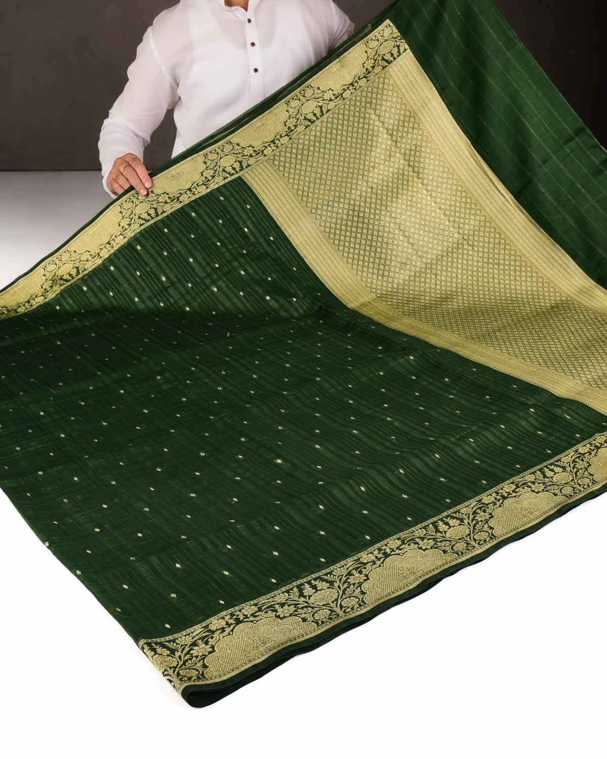 Variegated Green Gold Zari Diamond Buti Cutwork Brocade Woven Cotton Silk Banarasi Saree-HolyWeaves
