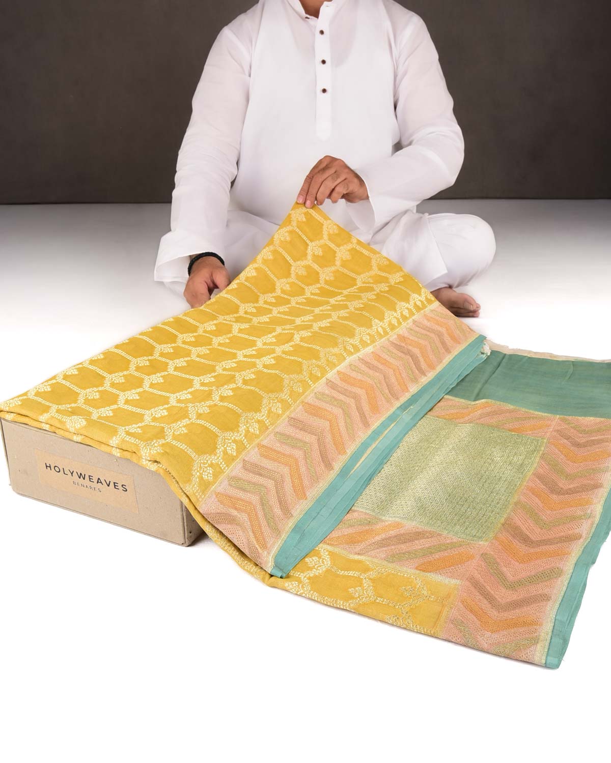 Yellow Gold Zari Jangla Hand Brush Dye Border Cutwork Brocade Woven Georgette Tissue Banarasi Saree-HolyWeaves
