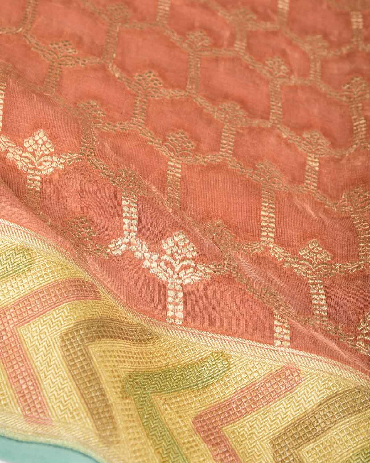 Garnet Gold Zari Jangla Hand Brush Dye Border Cutwork Brocade Woven Georgette Tissue Banarasi Saree