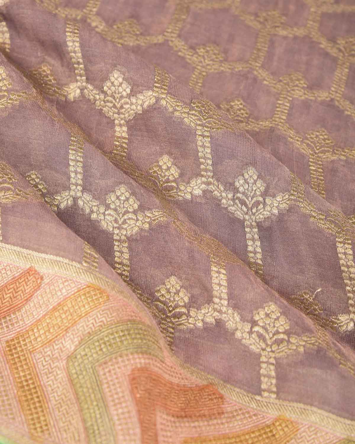Metallic Rose Gray Gold Zari Jangla Hand Brush Dye Border Cutwork Brocade Woven Georgette Tissue Banarasi Saree