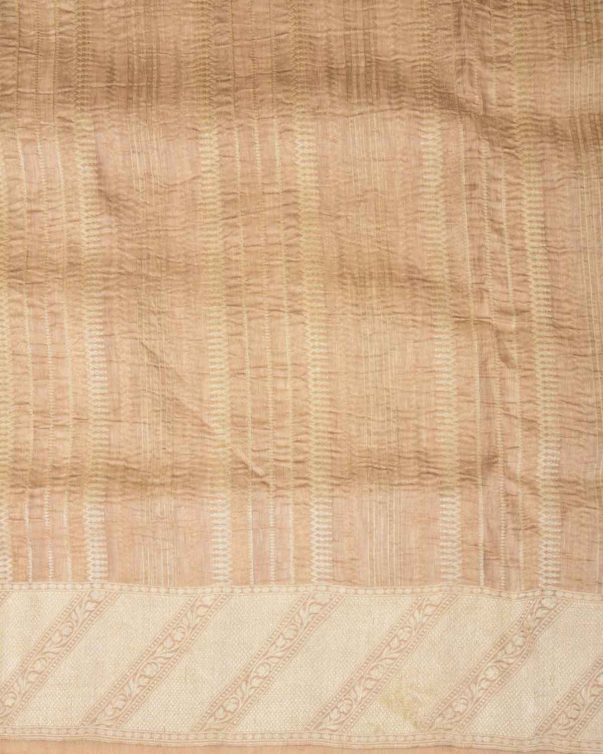 Beige Gold Zari Crush Texture Brocade Woven Linen Silk Banarasi Saree-HolyWeaves