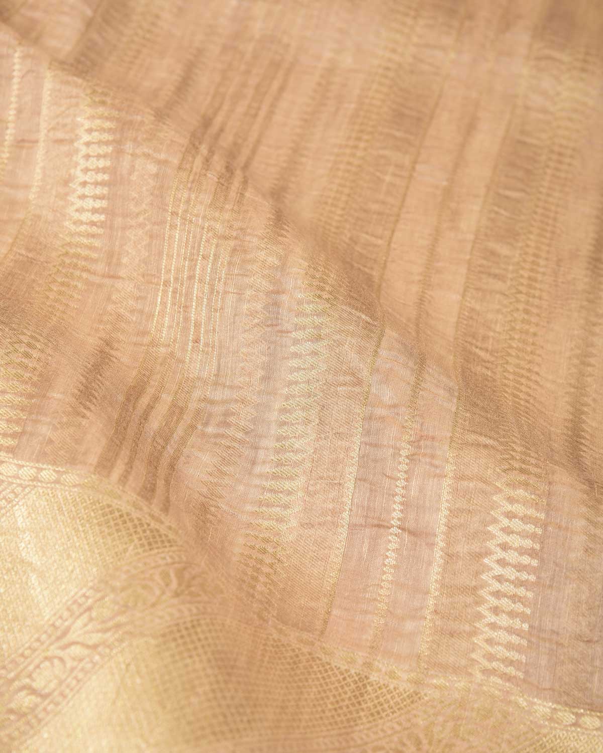 Beige Gold Zari Crush Texture Brocade Woven Linen Silk Banarasi Saree-HolyWeaves