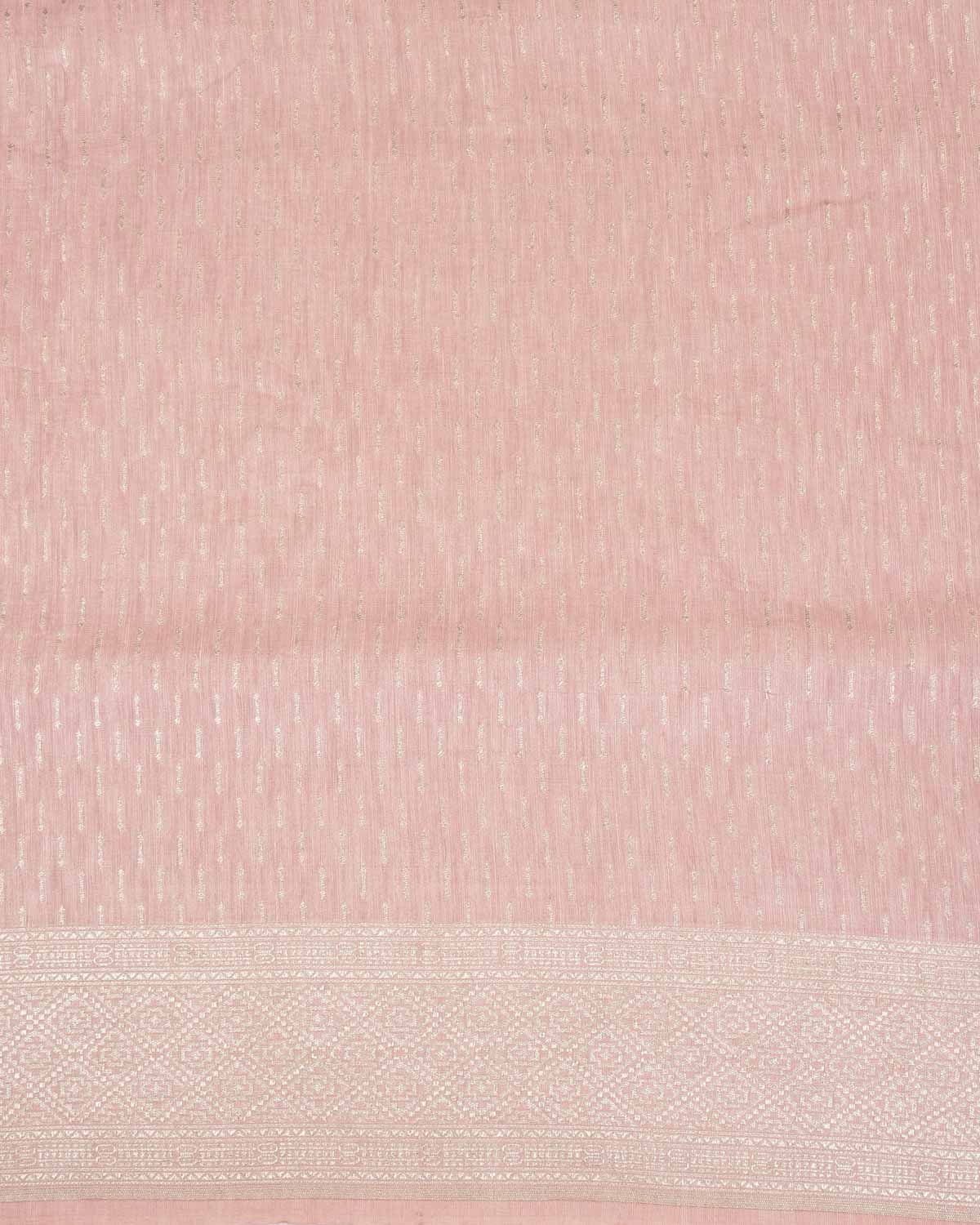Rose Pink Silver Zari Buti Brocade Woven Linen Silk Banarasi Saree