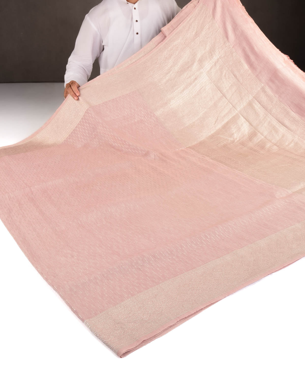 Rose Pink Silver Zari Buti Brocade Woven Linen Silk Banarasi Saree