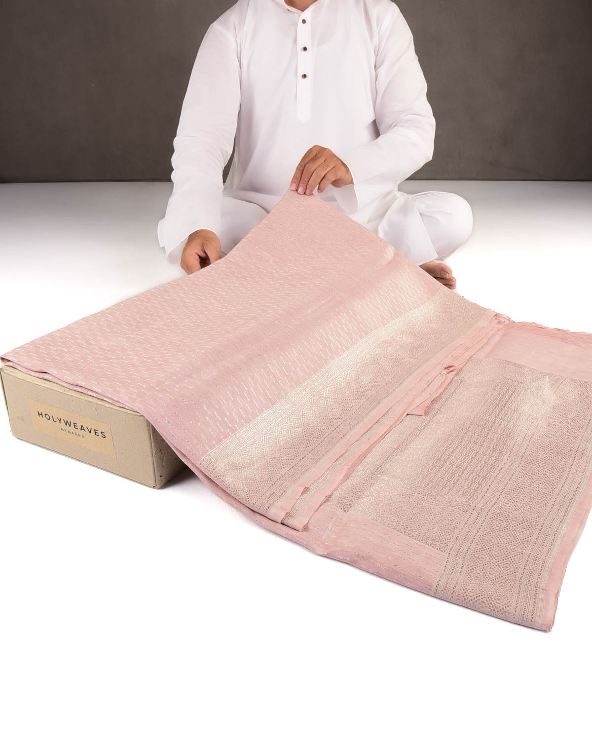 Rose Pink Silver Zari Buti Brocade Woven Linen Silk Banarasi Saree
