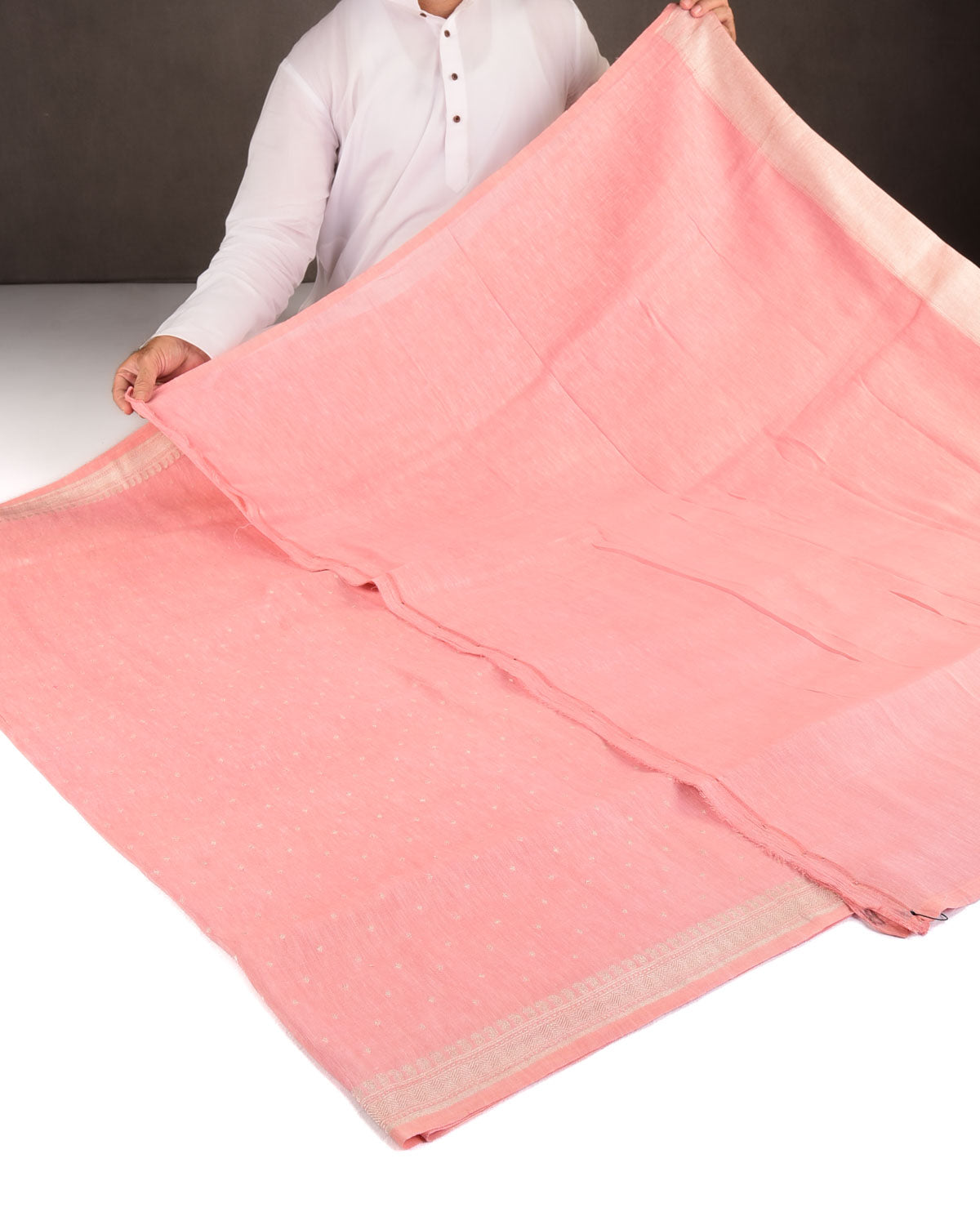 Pink Silver Zari Buti Brocade Woven Linen Silk Banarasi Saree-HolyWeaves
