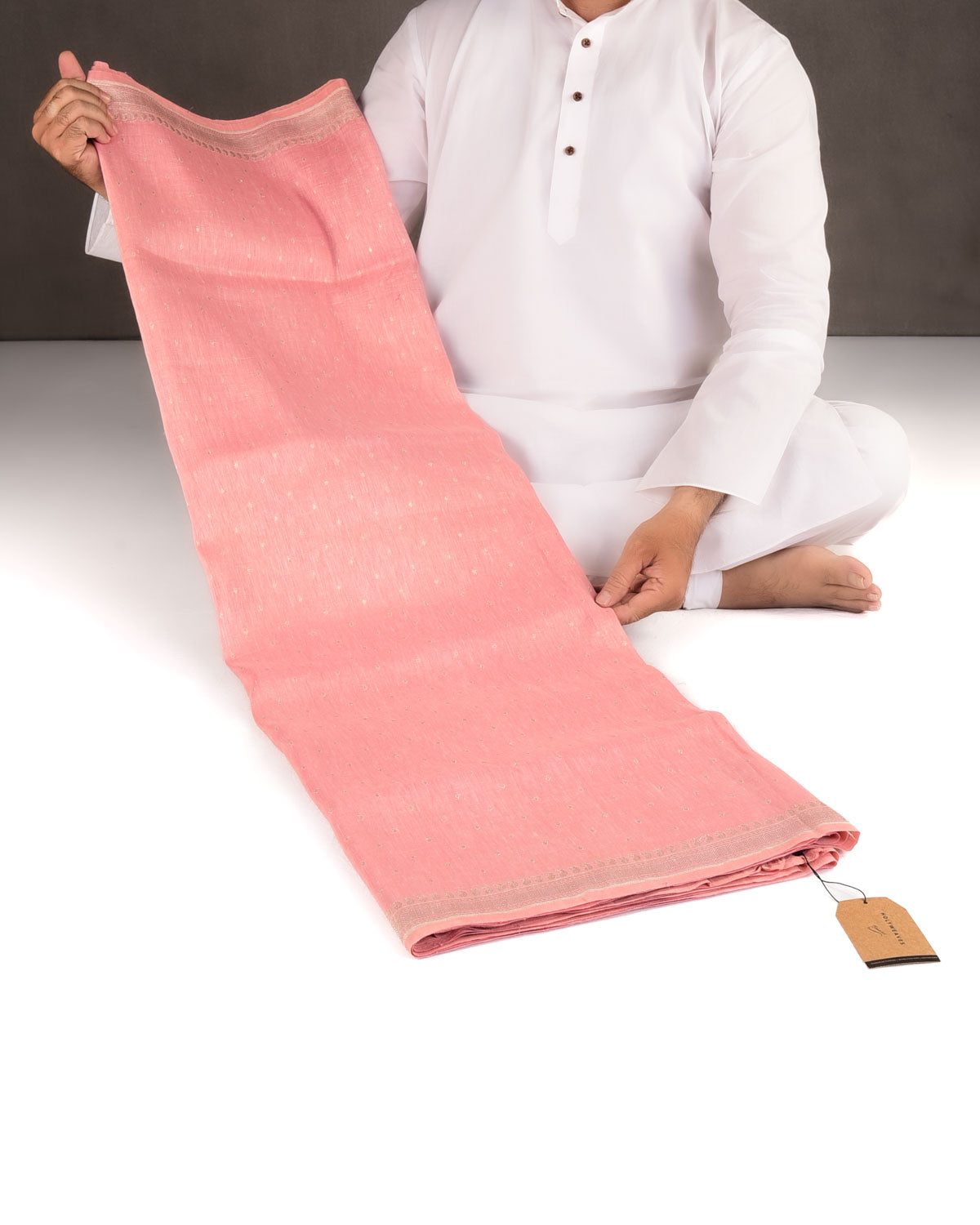 Pink Silver Zari Buti Brocade Woven Linen Silk Banarasi Saree-HolyWeaves