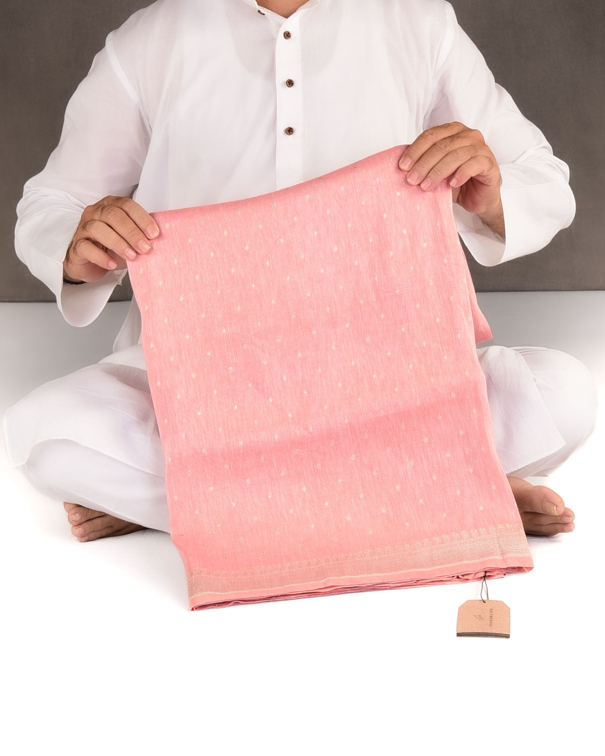 Pink Silver Zari Buti Brocade Woven Linen Silk Banarasi Saree-HolyWeaves