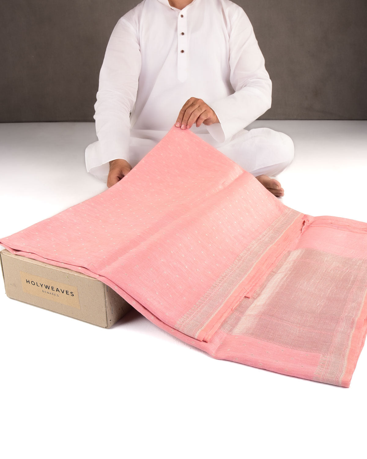 Pink Silver Zari Buti Brocade Woven Linen Silk Banarasi Saree-HolyWeaves